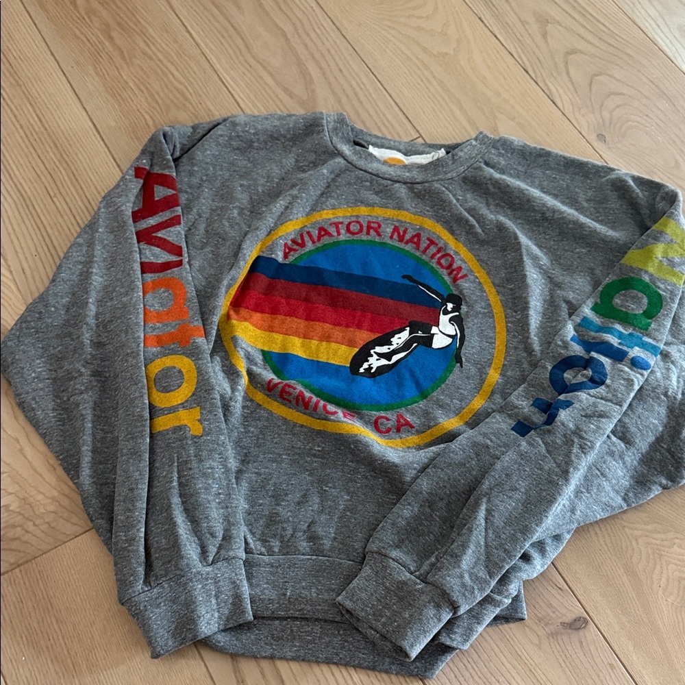 Aviator Nation Grey Pullover with Rainbow Logo and Sleeve Text (worn once)